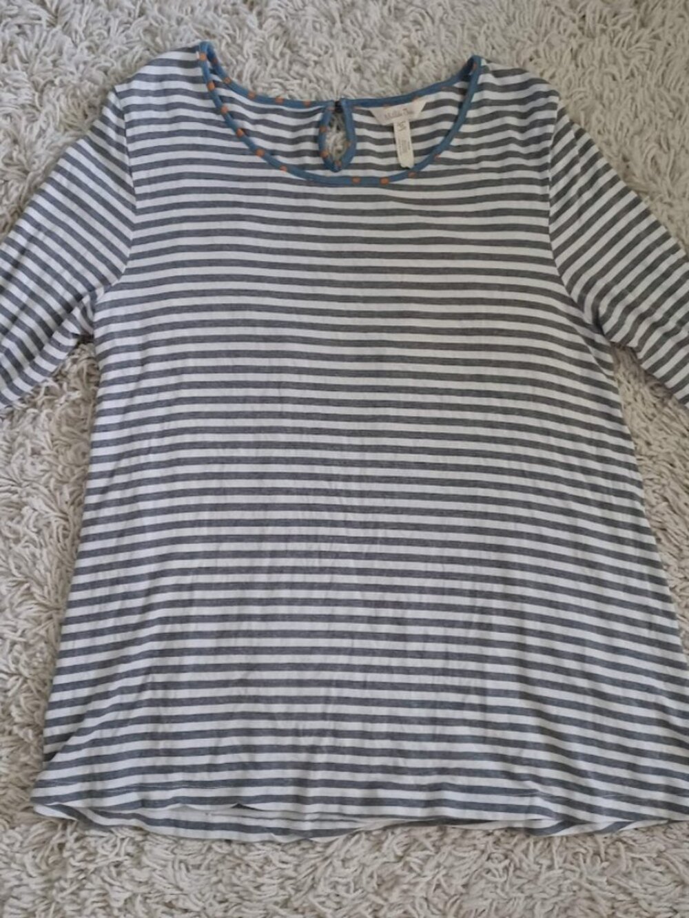 Matilda Jane Medium Gray White Stripe Modal Knit Top Keyhole Back Long Sleeve